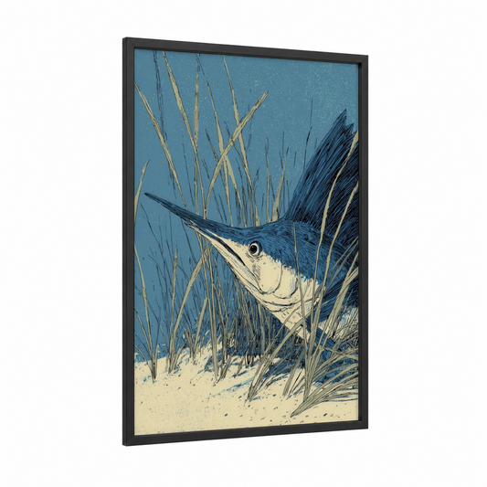 Coastal Sailfish framed art print — black wood frame — blue and cream palette