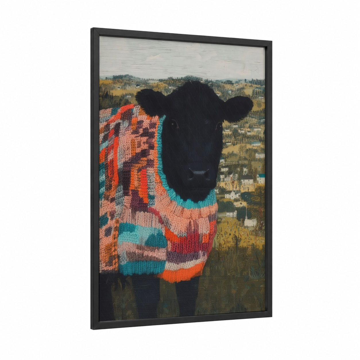 Cozy Angus Cow framed art print — black wood frame — orange and teal palette