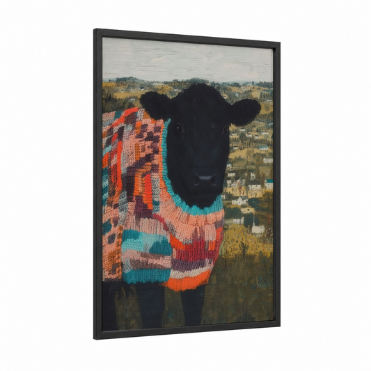 Cozy Angus Cow framed art print — black wood frame — orange and teal palette
