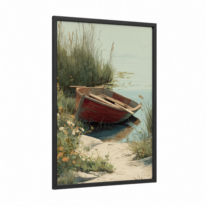 Beached Rowboat framed old ships print — black wood frame — brown and sage green palette