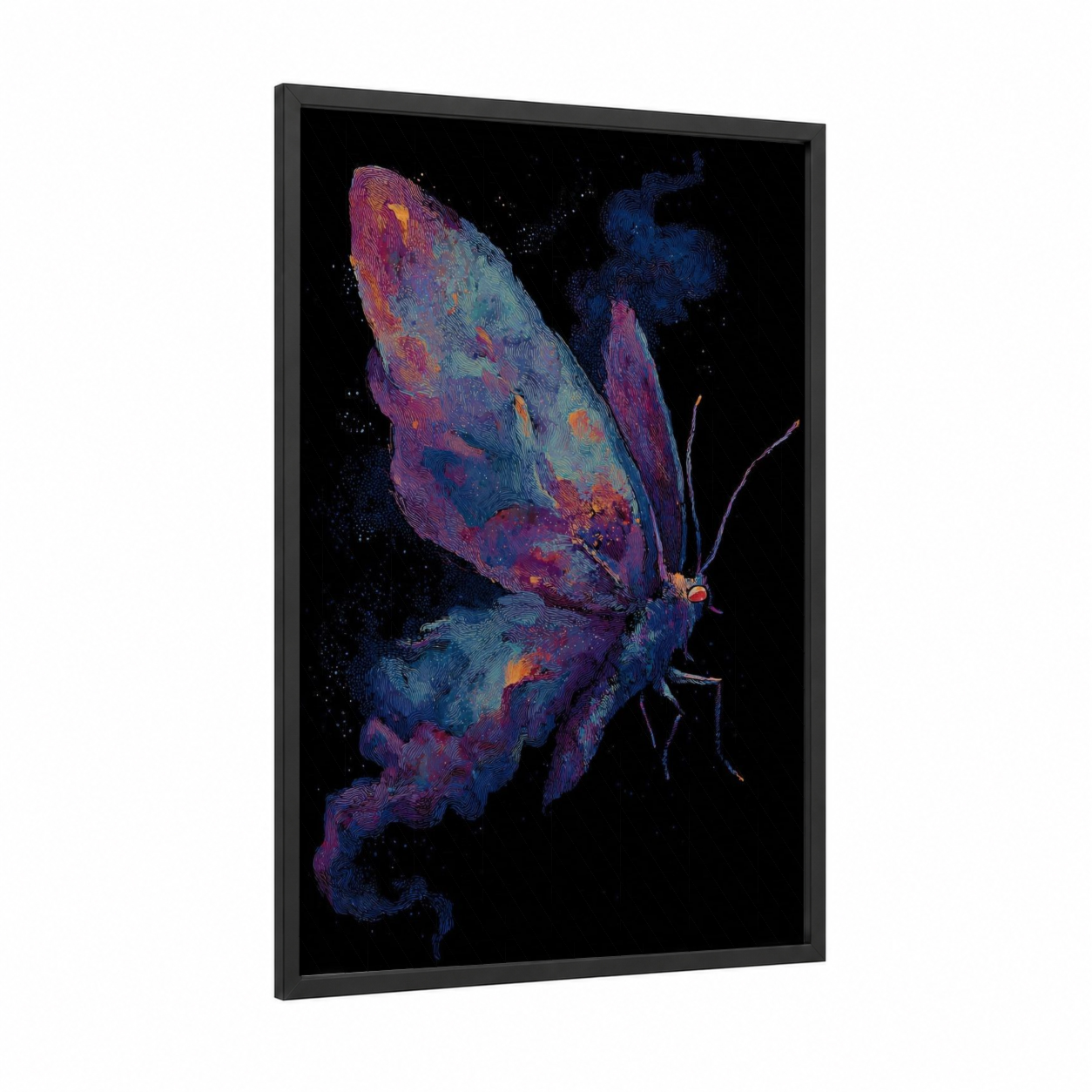 Cosmic Butterfly framed art print — black wood frame — purple and blue palette