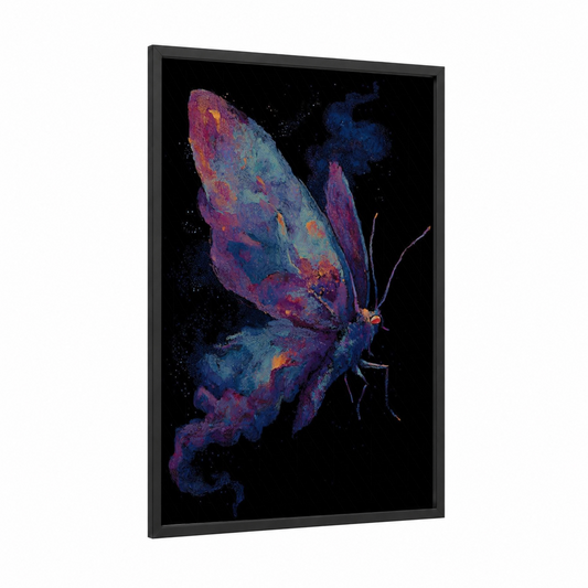 Cosmic Butterfly framed art print — black wood frame — purple and blue palette