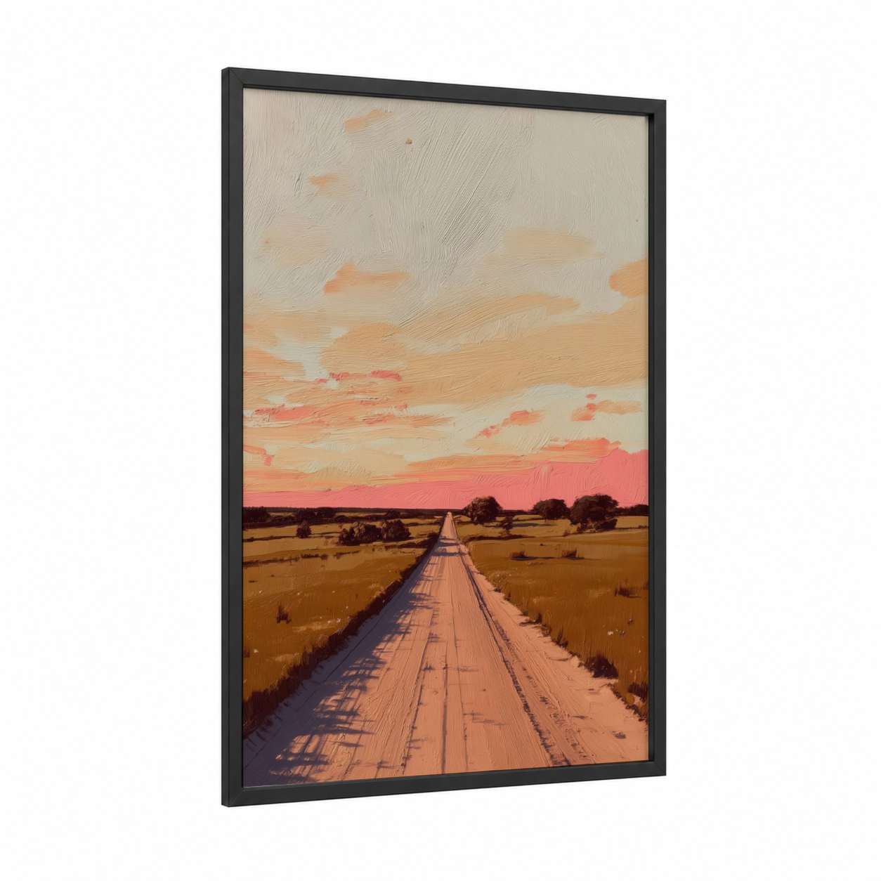 Desert Highway Sunset framed various landscapes print — black wood frame — salmon pink and gold palette