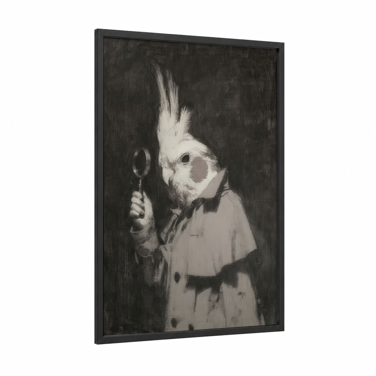 Curious Cockatiel framed art print — black wood frame — black and white and gray palette
