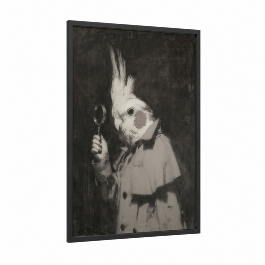 Curious Cockatiel framed art print — black wood frame — black and white and gray palette