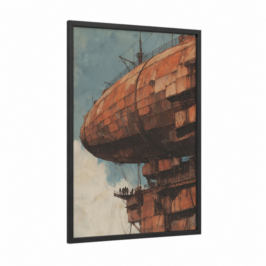 Rusty Airship framed art print — black wood frame — russet and blue palette