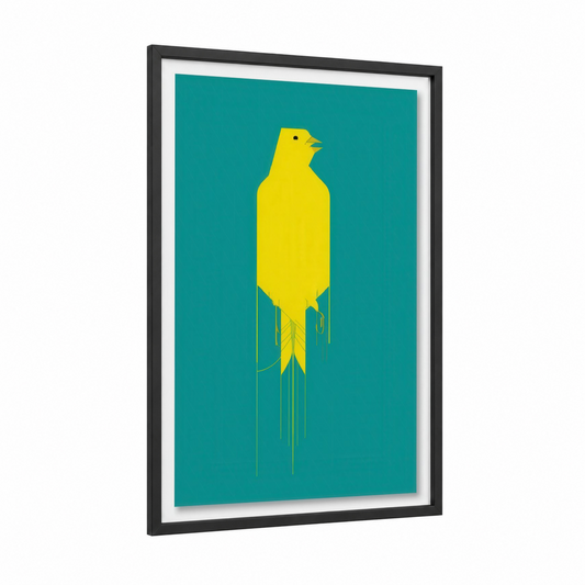 Yellow Canary framed canaries print — black wood frame — yellow gold and teal palette