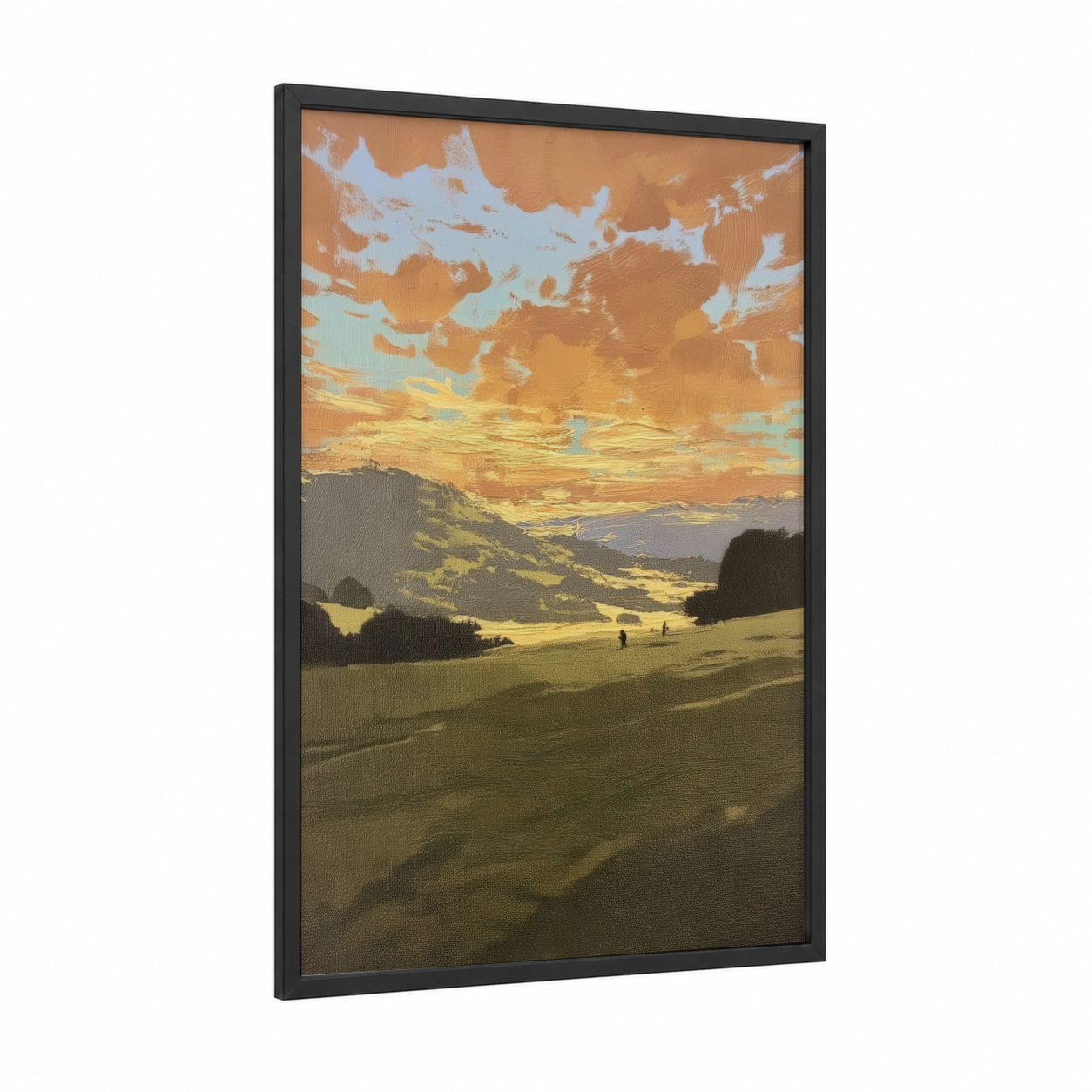 Golden Valley Sunset framed various landscapes print — black wood frame — gold and green palette