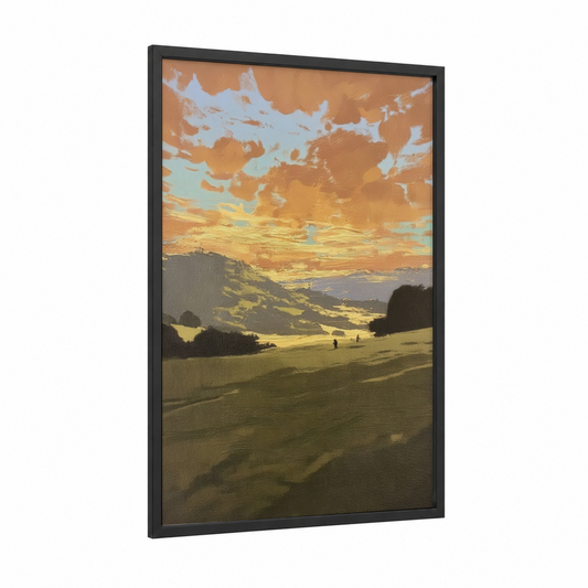 Golden Valley Sunset framed various landscapes print — black wood frame — gold and green palette
