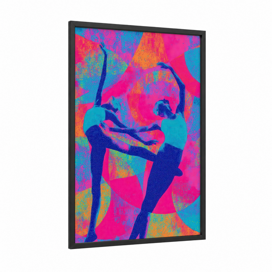 Neon Gymnasts framed gymnastics print — black wood frame — magenta and blue palette