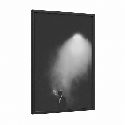 Spotlight Solitude framed smoke print — black wood frame — black and white palette