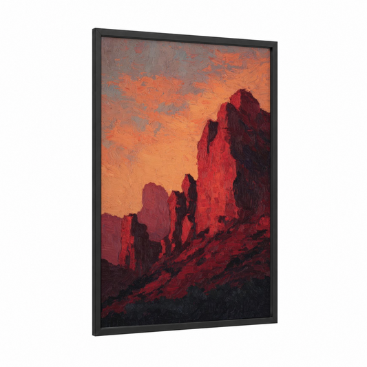 Crimson Dune Sunset framed art print — black wood frame — orange and red palette