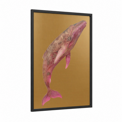 Ornate Sperm Whale framed art print — black wood frame — gold and pink palette
