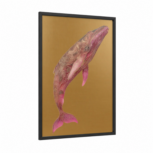 Ornate Sperm Whale framed art print — black wood frame — gold and pink palette