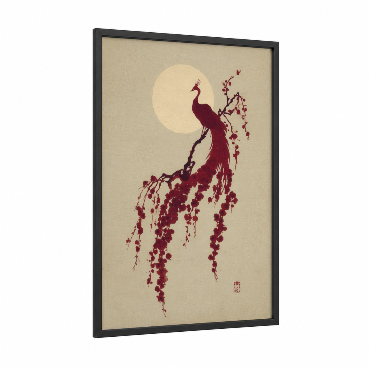 Moonlit Phoenix framed art print — black wood frame — maroon and cream palette