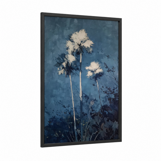 Twilight Palms framed palm tree print — black wood frame — blue and white and dove gray palette