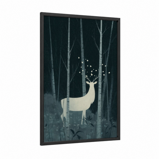 Luminous Deer framed dreamscape print — black wood frame — teal and cream palette