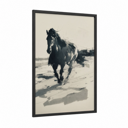 Beach Friesian framed friesian horse print — black wood frame — black and white and gray palette