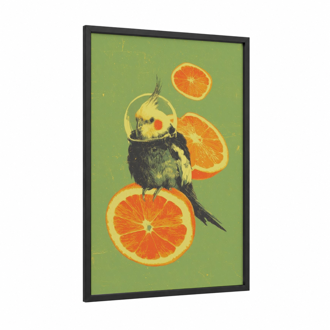 Citrus Cockatiel framed art print — black wood frame — light green and orange palette