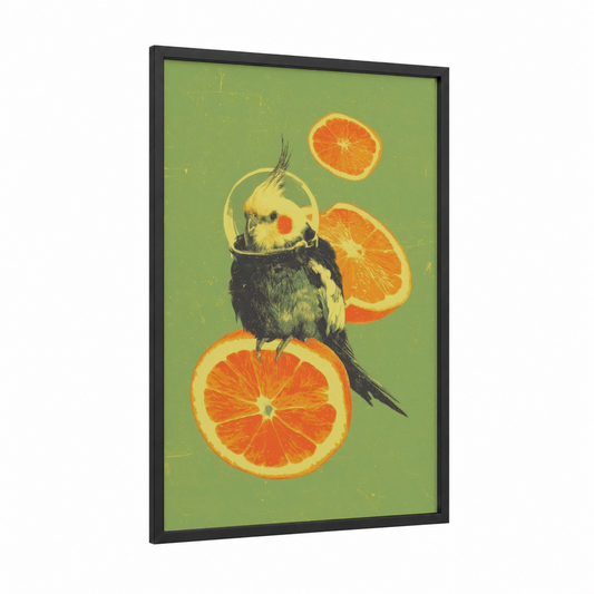 Citrus Cockatiel framed art print — black wood frame — light green and orange palette