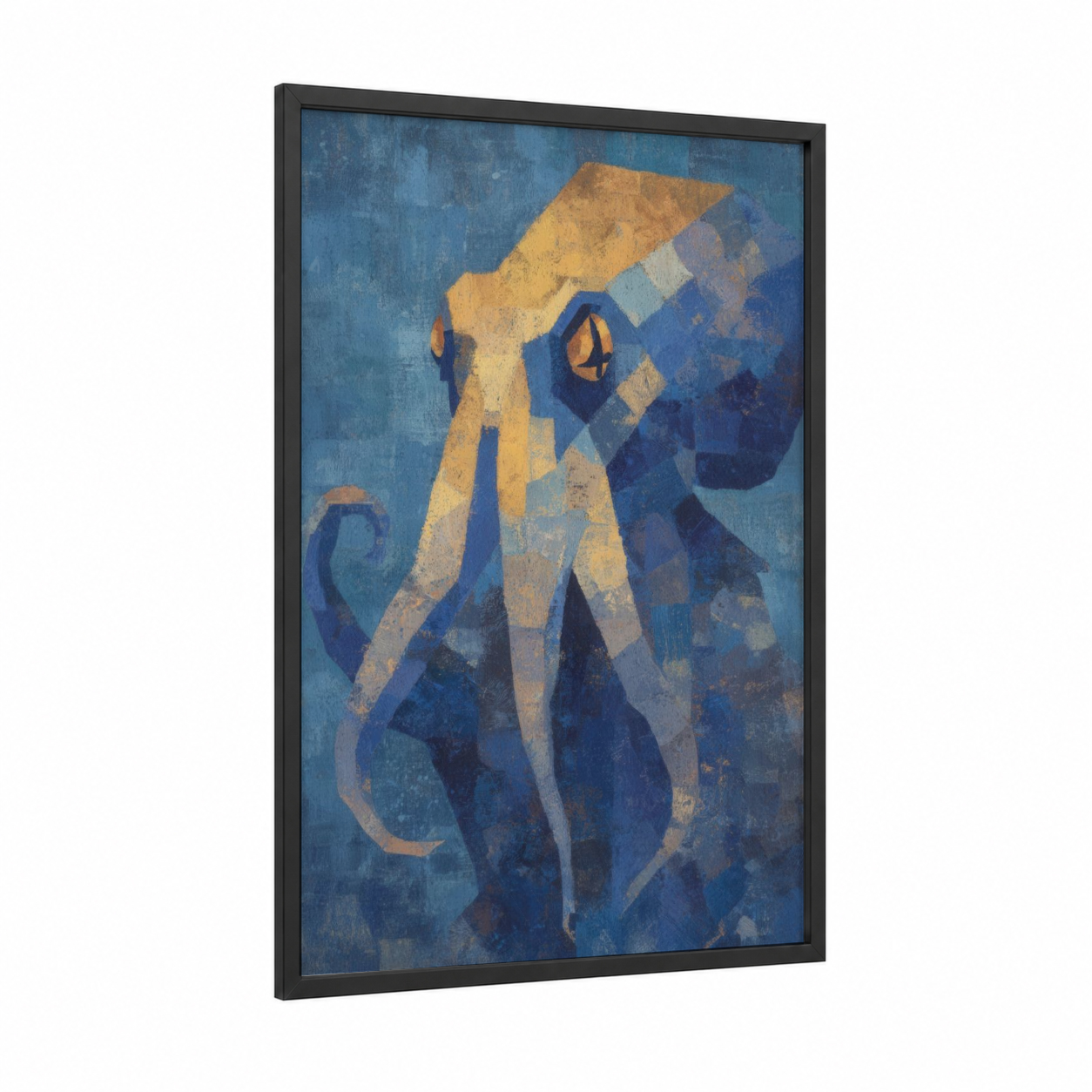 Golden Octopus framed art print — black wood frame — blue and gold and blue and white palette