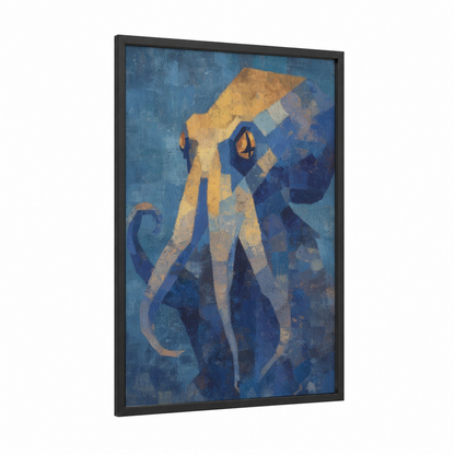 Golden Octopus framed art print — black wood frame — blue and gold and blue and white palette