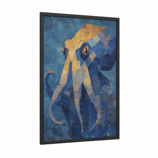 Golden Octopus framed art print — black wood frame — blue and gold and blue and white palette