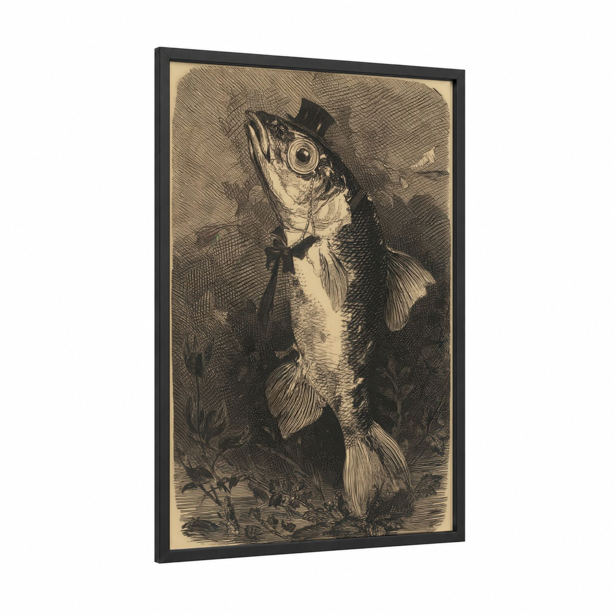Dapper Zebrafish framed art print — black wood frame — cream and black and white palette