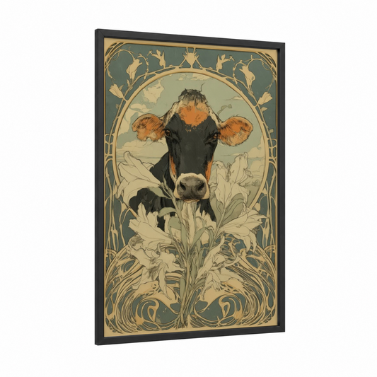 Floral Jersey Cow framed art print — black wood frame — sage green and gold palette