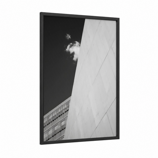 Geometric Contrast framed abstract architecture print — black wood frame — black and white and gray palette