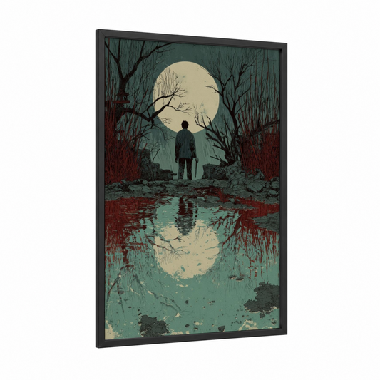 Moonlit Zombie framed art print — black wood frame — teal and cream palette