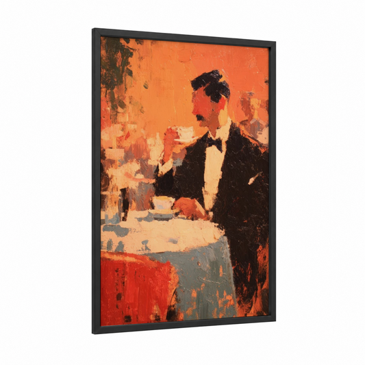 Crimson Gentleman framed men's fashion print — black wood frame — orange and black and red palette