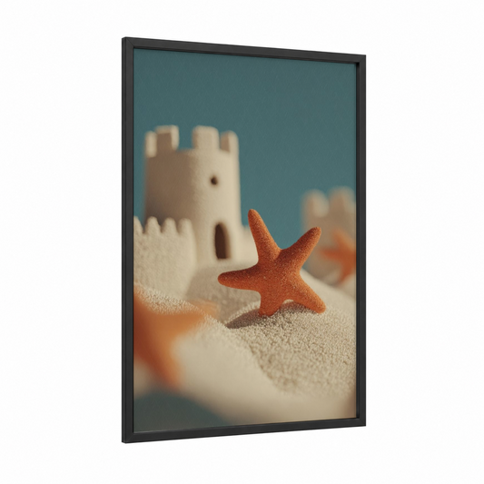 Sandy Starfish framed art print — black wood frame — bermuda gray and peach palette