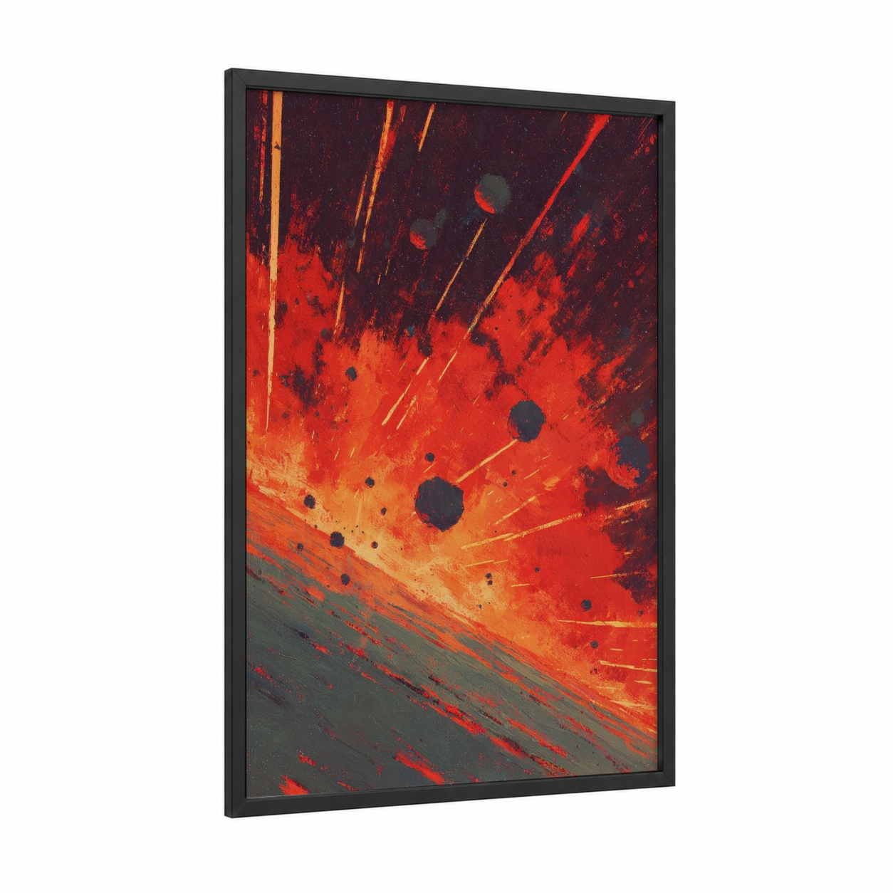 Crimson Meteor Shower framed astroids and comets print — black wood frame — red and black palette