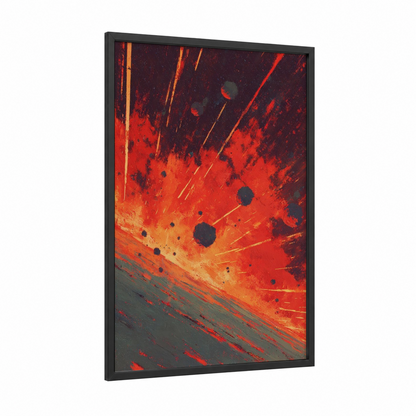 Crimson Meteor Shower framed astroids and comets print — black wood frame — red and black palette