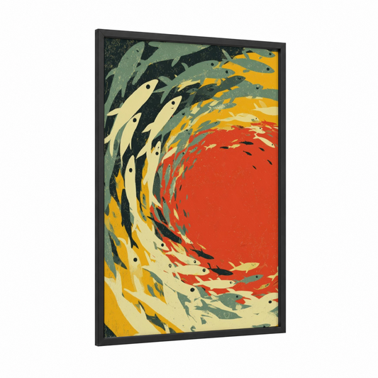 Crimson Seafood Swirl framed art print — black wood frame — red and yellow gold palette