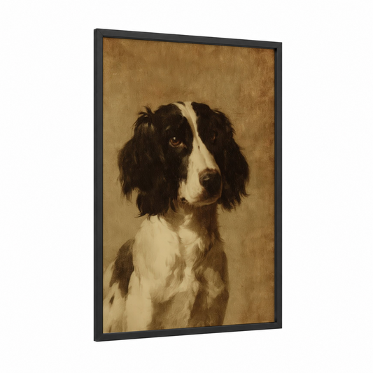 Gentle Spaniel Portrait framed art print — black wood frame — brown and black and white palette