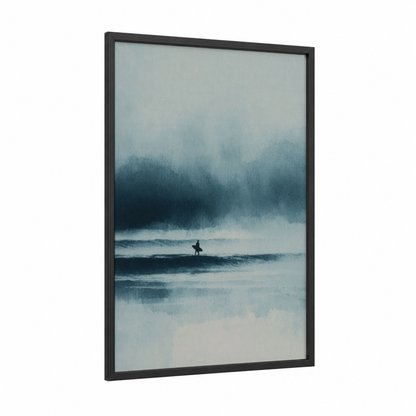 Solitary Surfer framed surfing print — black wood frame — blue and white and gray palette
