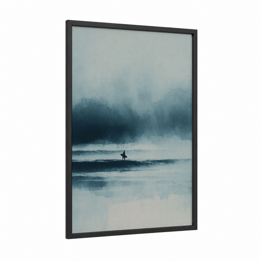 Solitary Surfer framed surfing print — black wood frame — blue and white and gray palette