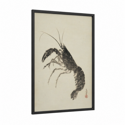 Scholarly Crayfish framed art print — black wood frame — black and white and cream palette