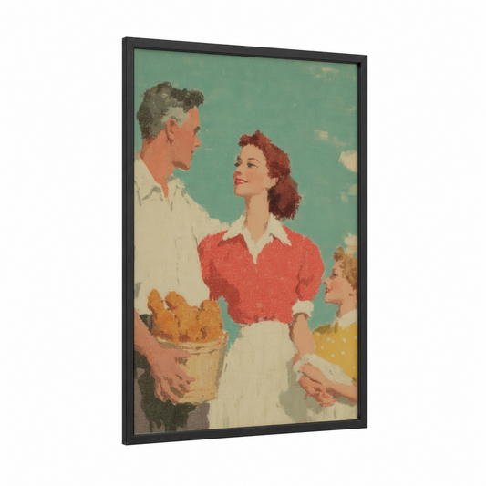 Retro Family Picnic framed fast food print — black wood frame — peach and turquoise palette