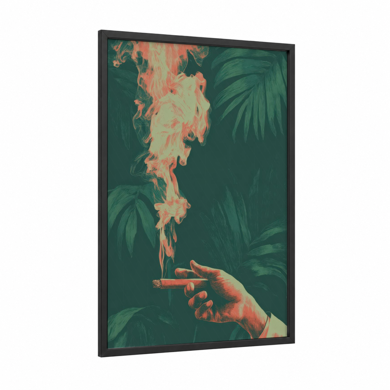 Tropical Cigar Moment framed cigars print — black wood frame — true green and salmon pink palette