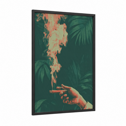 Tropical Cigar Moment framed cigars print — black wood frame — true green and salmon pink palette