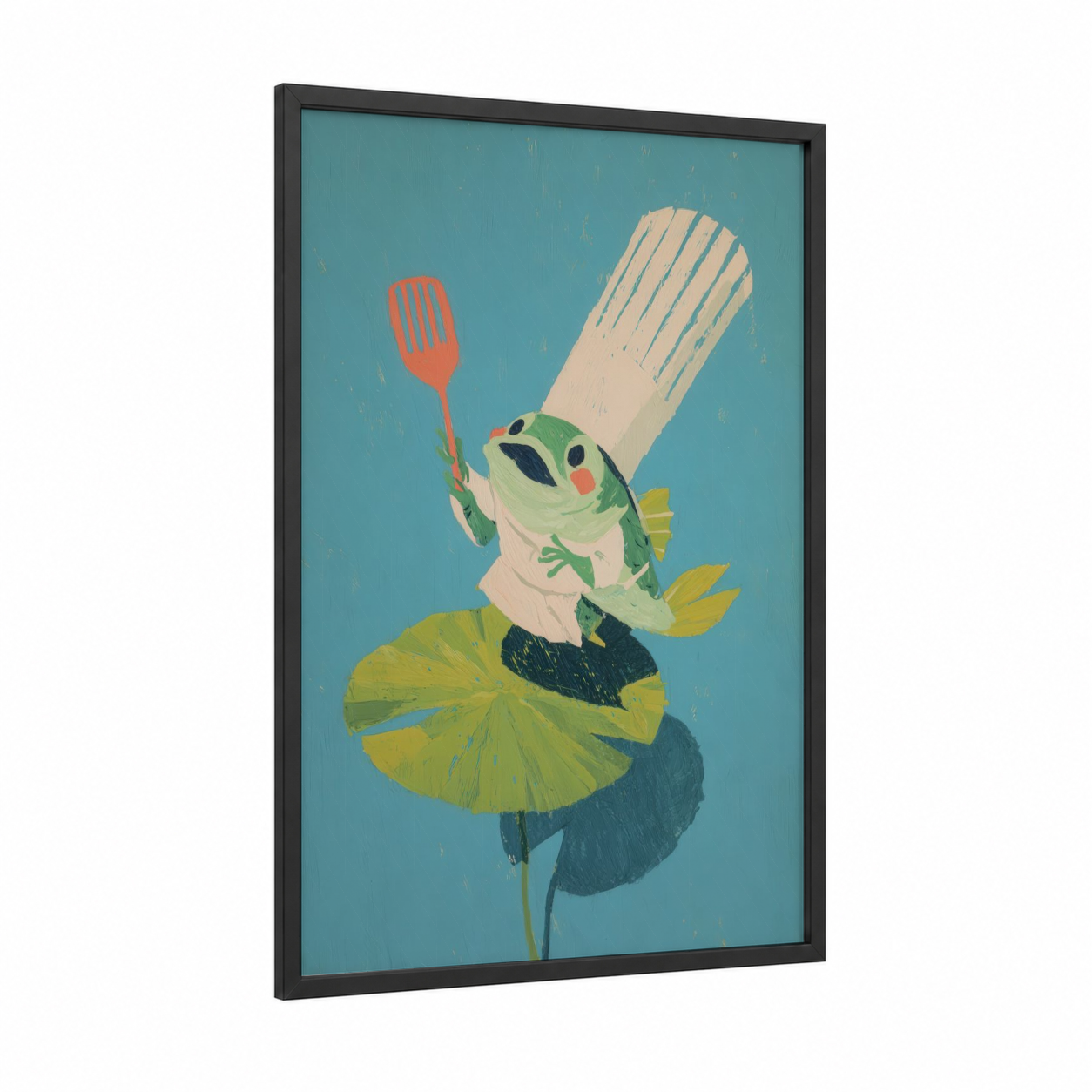 Chef Bass Whimsy framed art print — black wood frame — teal and yellow gold palette