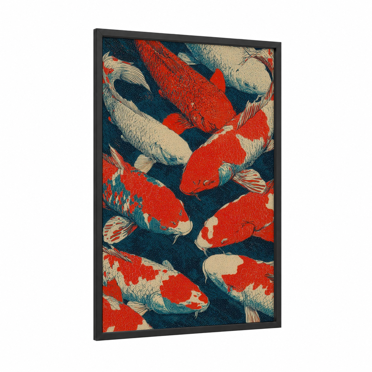 Crimson Koi Dance framed koi fish print — black wood frame — red and dark blue palette