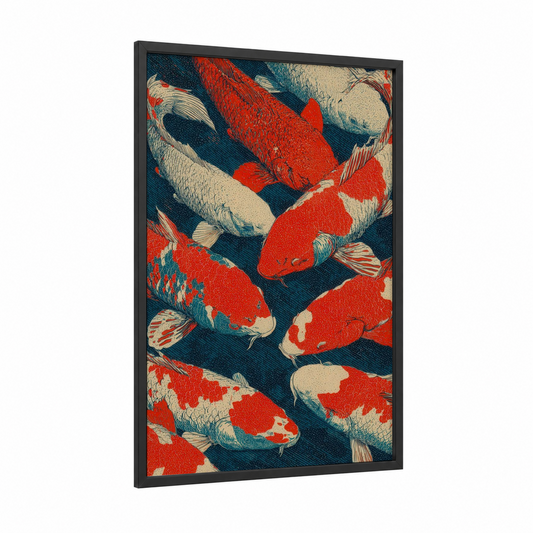 Crimson Koi Dance framed koi fish print — black wood frame — red and dark blue palette