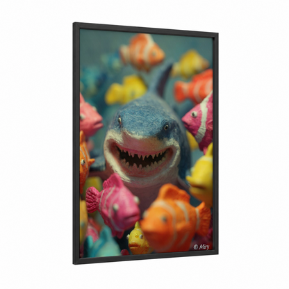 Smiling Reef Shark framed bull shark print — black wood frame — blue and orange palette