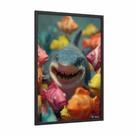 Smiling Reef Shark framed bull shark print — black wood frame — blue and orange palette