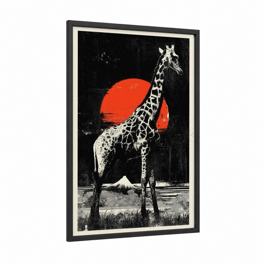 Crimson Sunset Giraffe framed art print — black wood frame — black and red and cream palette