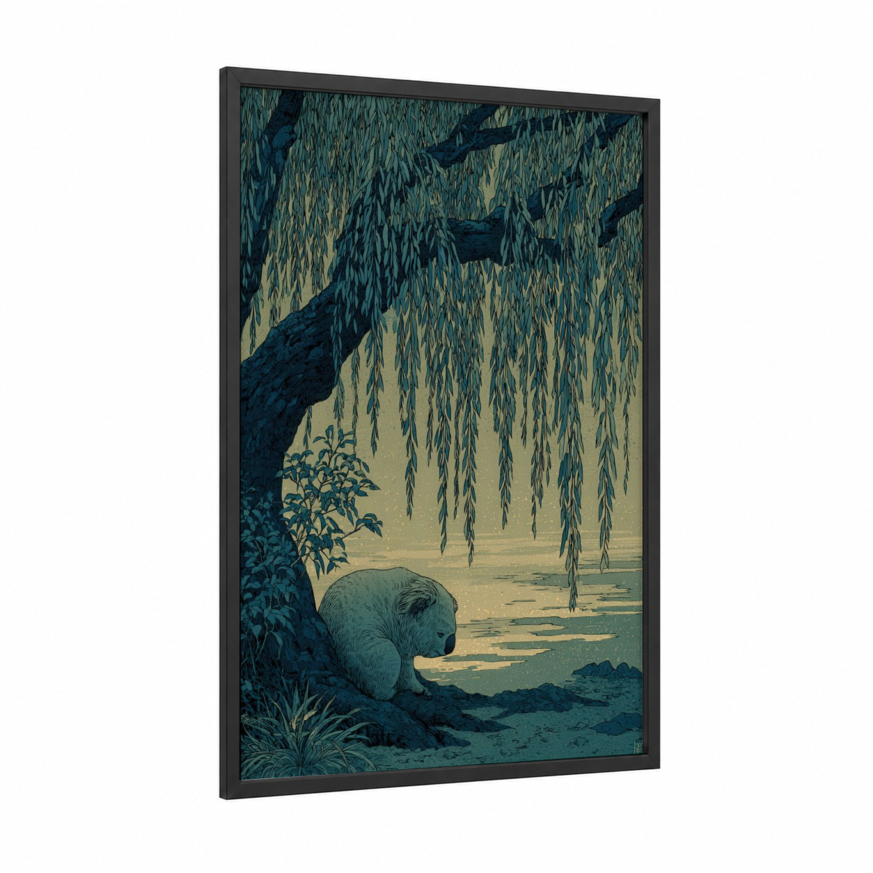 Willow Koala framed art print — black wood frame — teal and cream palette